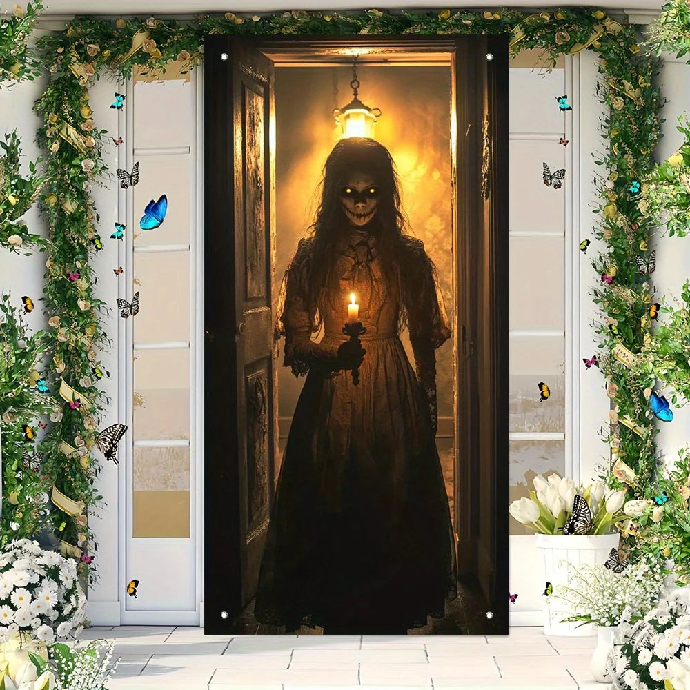 Halloween 2D Door Sign with Three Cats and Autumn Leaves