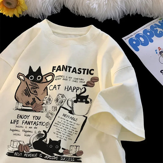 Cat Graphic Oversized T-Shirt for Men & Women Casual Summer Tee