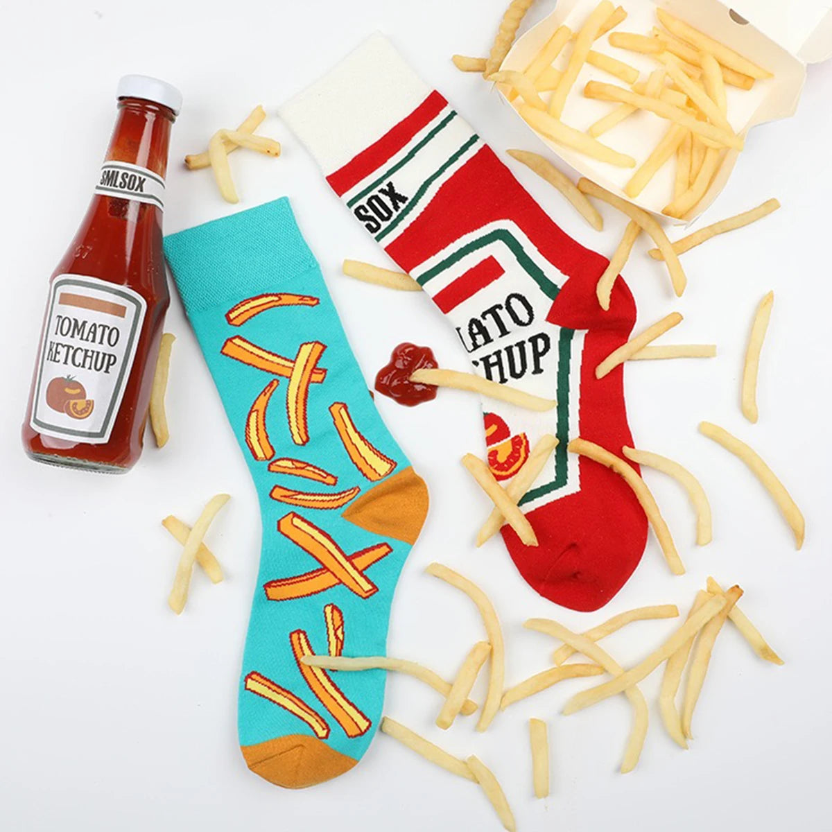 Funny Socks Unisex Tomato Ketchup & French Fry Mid-Calf Pair
