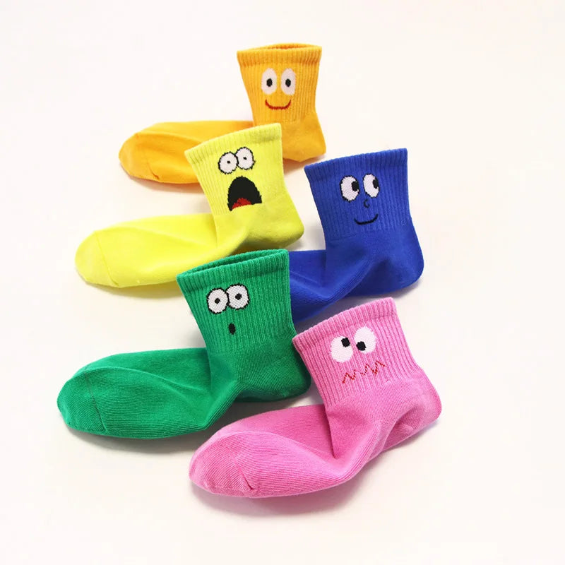 Kids Socks, 5 Pairs Cute Cartoon Face Pattern Breathable Socks