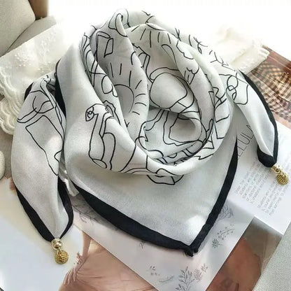 Silk Scarf for Women with Magnetic Buckle, Printed Square Design
