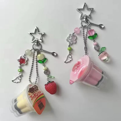 Pudding Keychain Pink Yellow Beaded Retro Bag Charm
