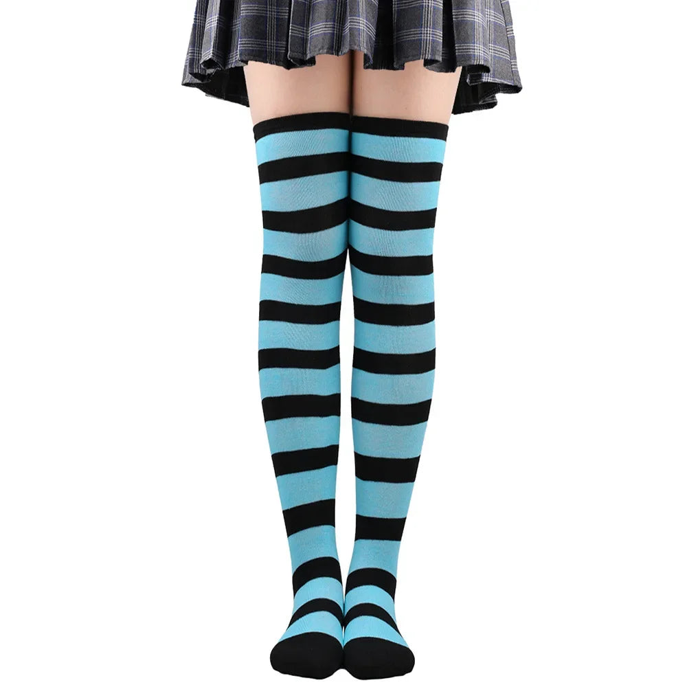 Women's Striped Thigh High Stockings – Black, White & Pink