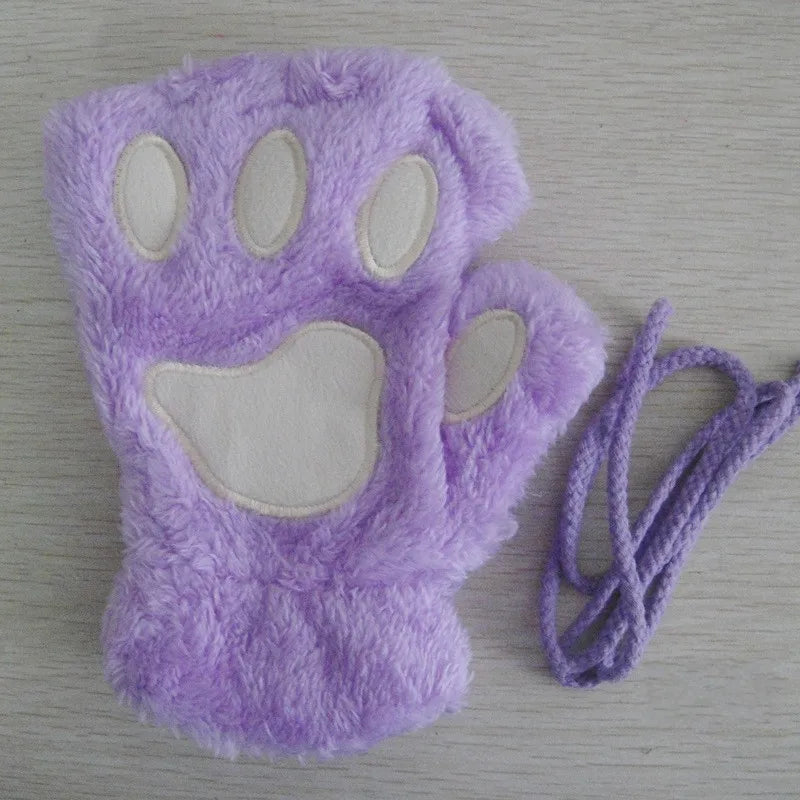 Fingerless Plush Gloves Warm Animal Paw Mittens for Adults