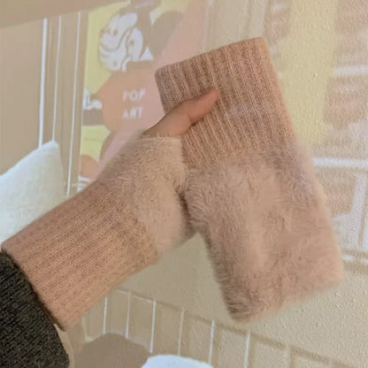 Women's Fingerless Gloves, Plush Warm Knitted Winter Mittens