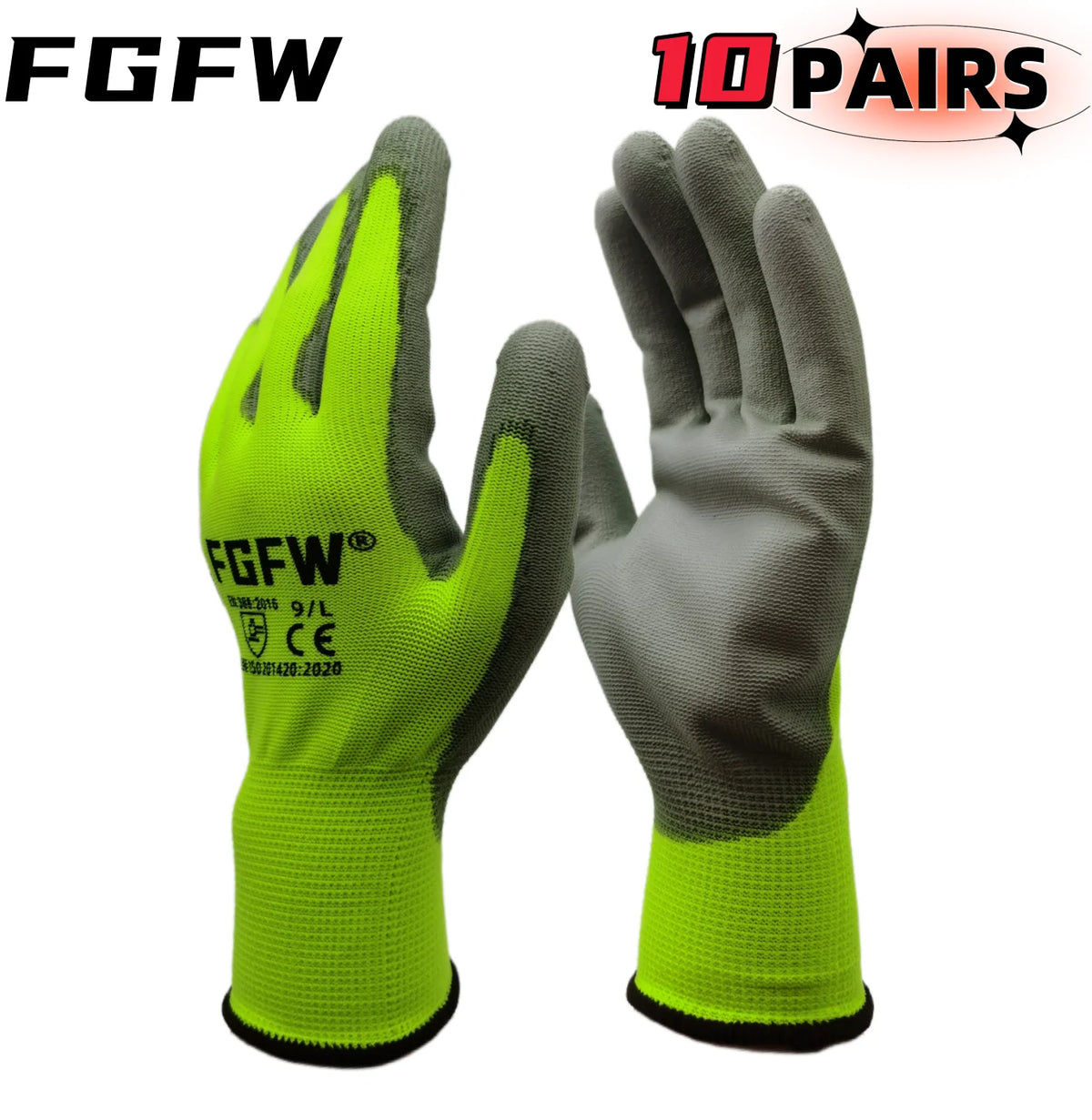 PU Coated Work Gloves Lightweight Anti-Slip Safety Gloves 10 Pairs