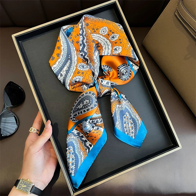 Silk Square Scarf 70x70cm Floral Satin Wrap for Women