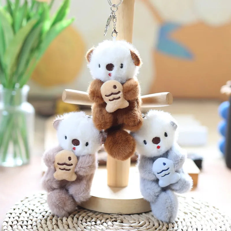 Otter Plush Keychain Cute Animal Bag Charm with Fish
