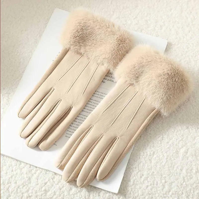 Women's Leather Gloves with Faux Fur Cuff, Touchscreen Winter Warmth