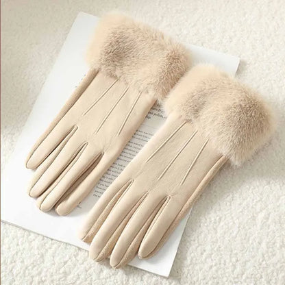 Women's Leather Gloves with Faux Fur Cuff, Touchscreen Winter Warmth