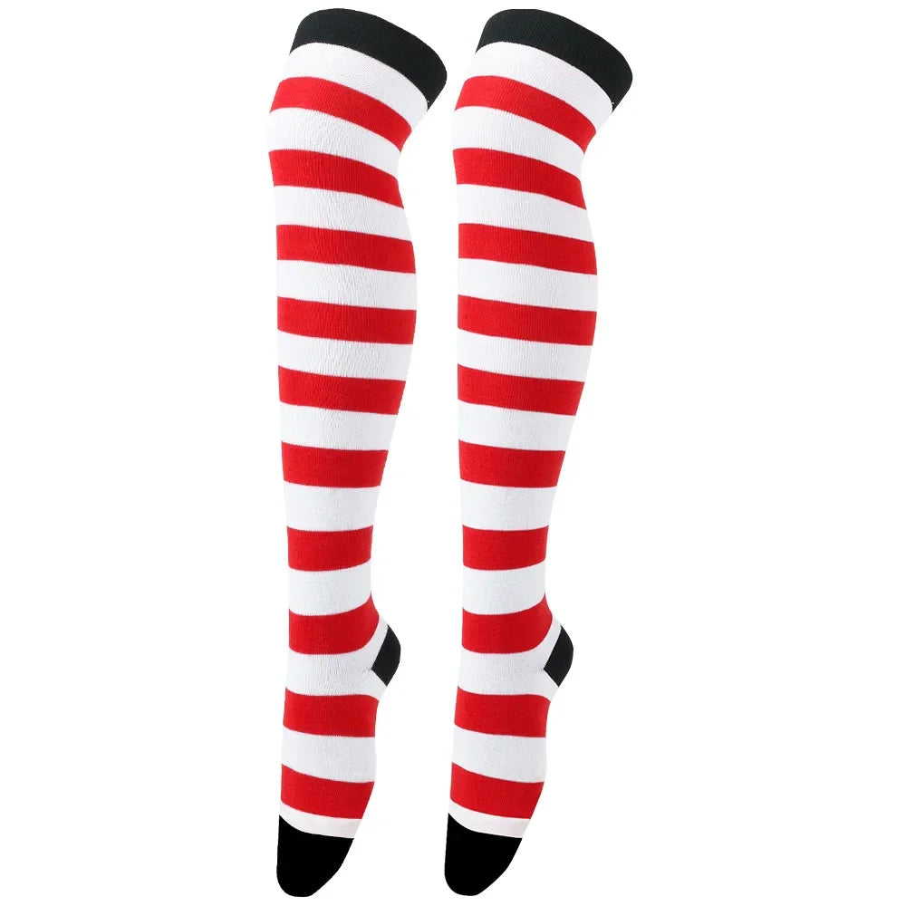 Women's Striped Thigh High Stockings – Black, White & Pink