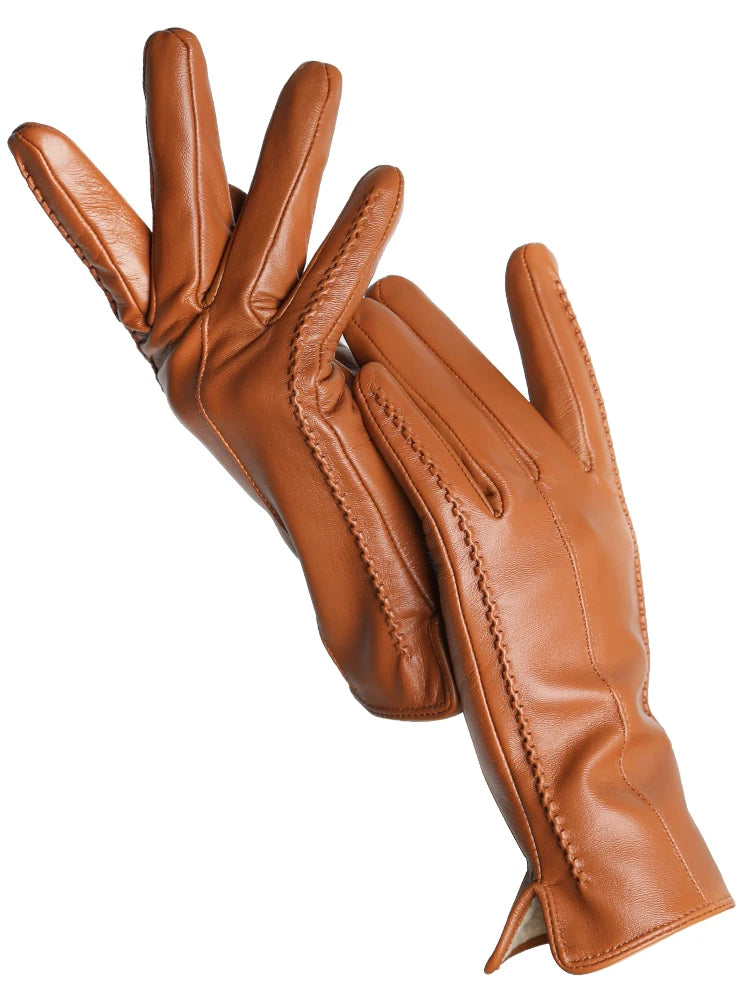 Women's Leather Winter Gloves, Sheepskin Touch Screen Driving