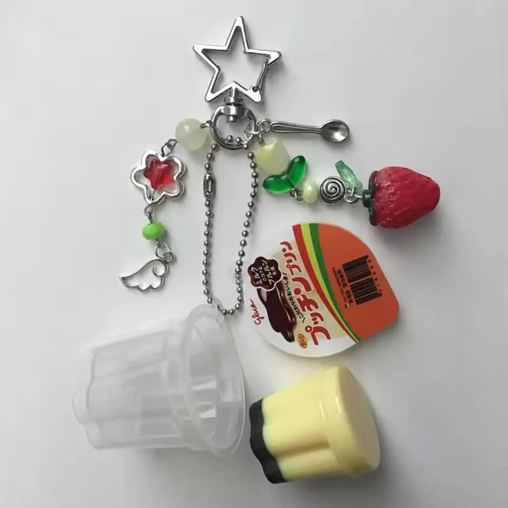 Pudding Keychain Pink Yellow Beaded Retro Bag Charm