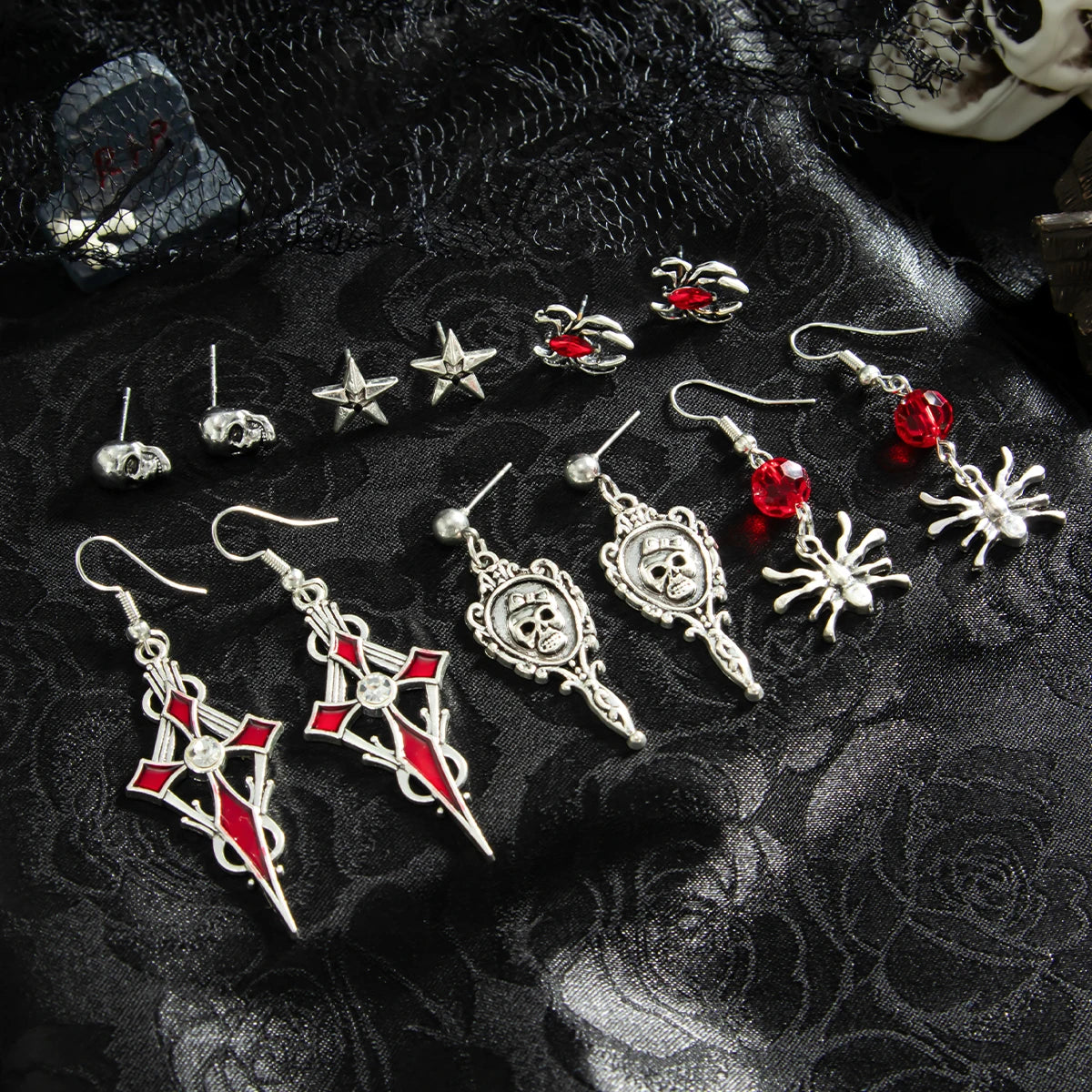 Halloween Gothic Earrings, Red Crystal Skull Drop Jewelry