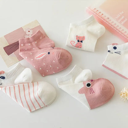 Women's Boat Socks Cute Cat Pattern Low Cut 5 Pairs
