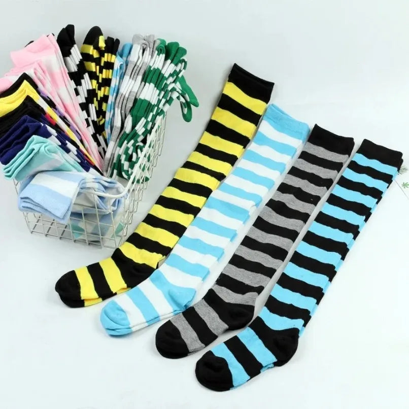 Women's Striped Thigh High Stockings – Black, White & Pink