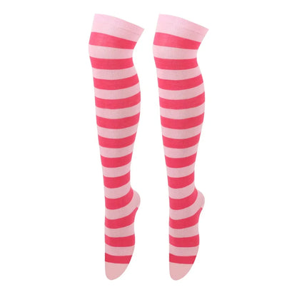 Women's Striped Thigh High Stockings – Black, White & Pink
