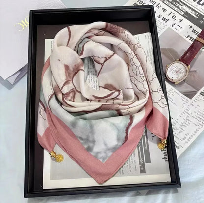 Silk Scarf for Women with Magnetic Buckle, Printed Square Design