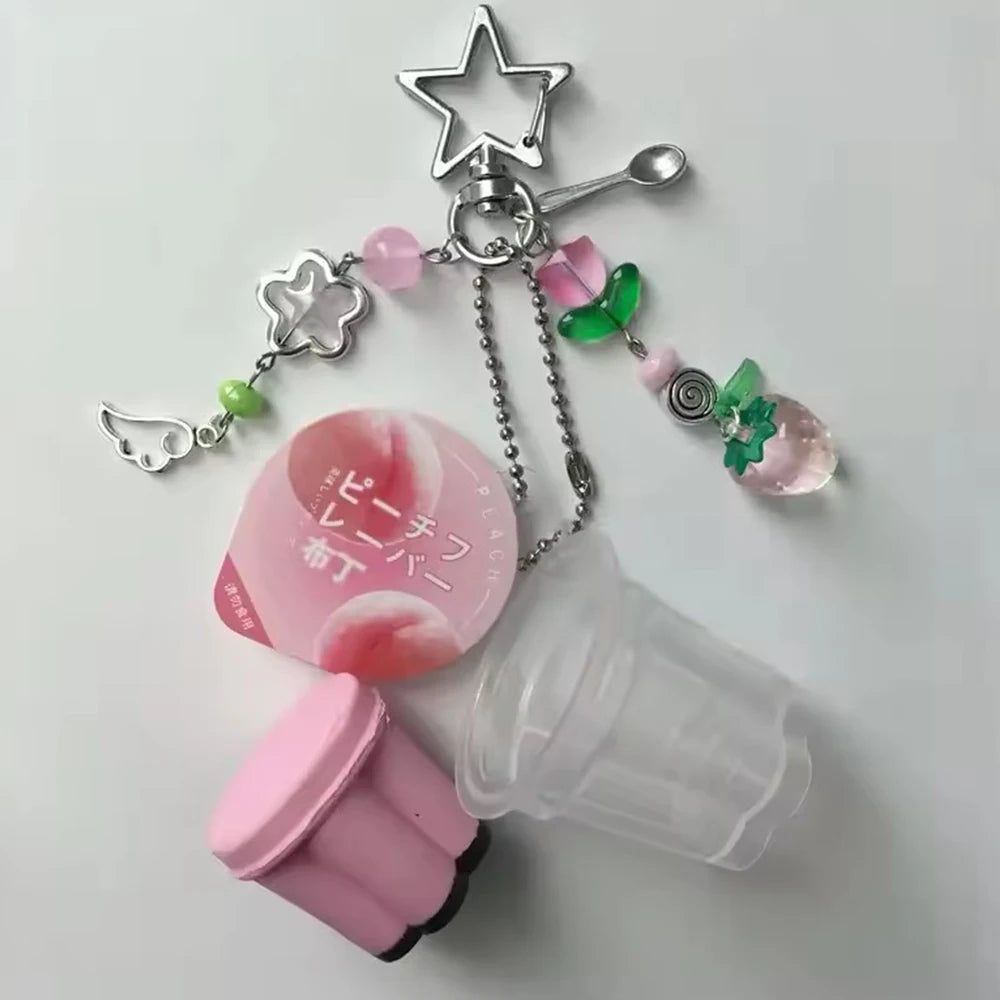 Pudding Keychain Pink Yellow Egg Flan Charm Beaded Accessory