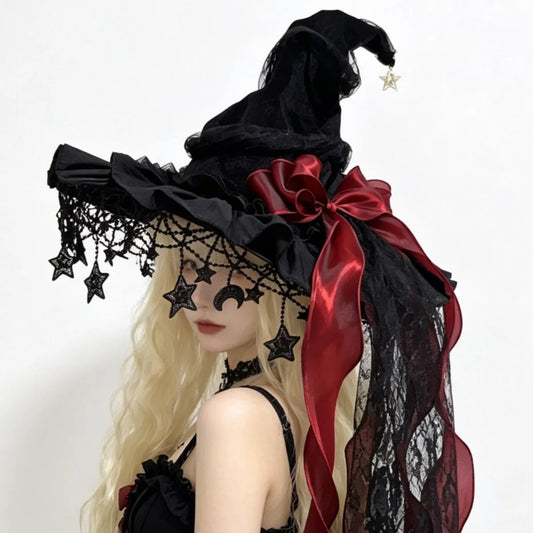 Halloween Witch Hat, Lace Velvet Hat with Moon Pendant
