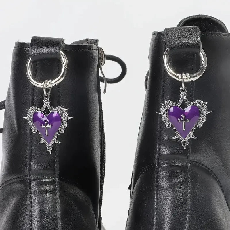 Shoe Charms, Gothic Rose Heart Cross Metal Shoe Pendants 2-Piece