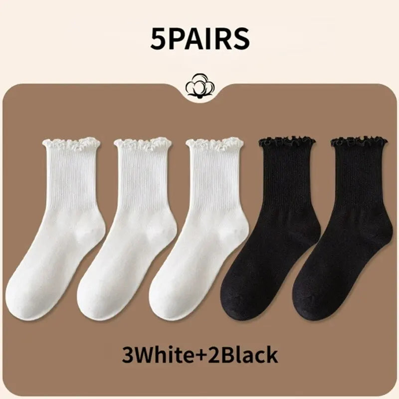 Women’s Ruffle Socks Breathable Mid Tube 5-Pair Set