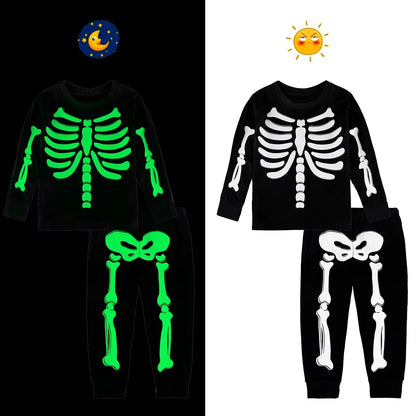 Kids Skeleton Costume Halloween Skull Pajamas Top and Pants Set