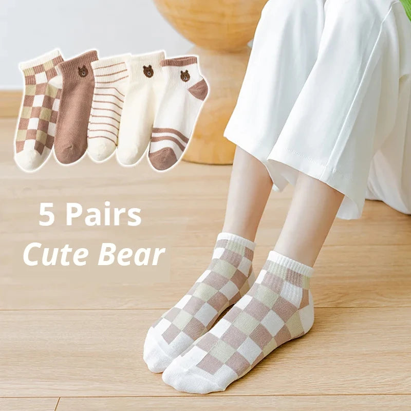 Women's Boat Socks Cute Cat Pattern Low Cut 5 Pairs