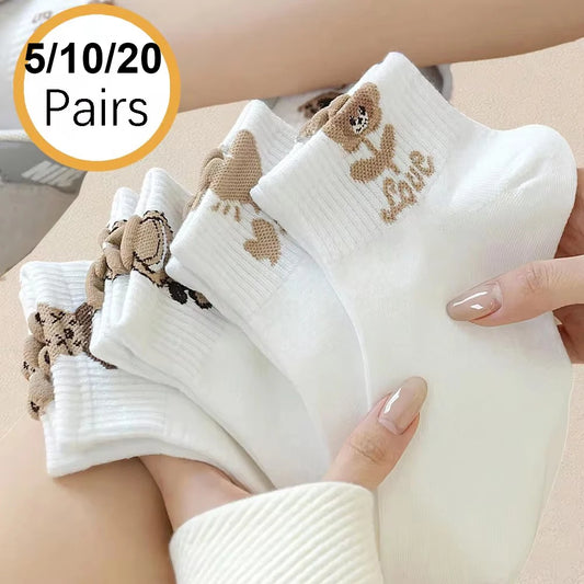 Women's Ankle Socks, Cute Teddy Bear Cartoon Socks 5 Pairs