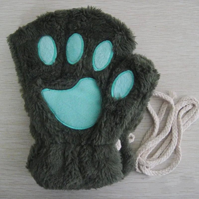 Fingerless Plush Gloves Warm Animal Paw Mittens for Adults