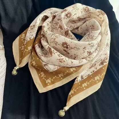 Silk Scarf for Women with Magnetic Buckle, Printed Square Design