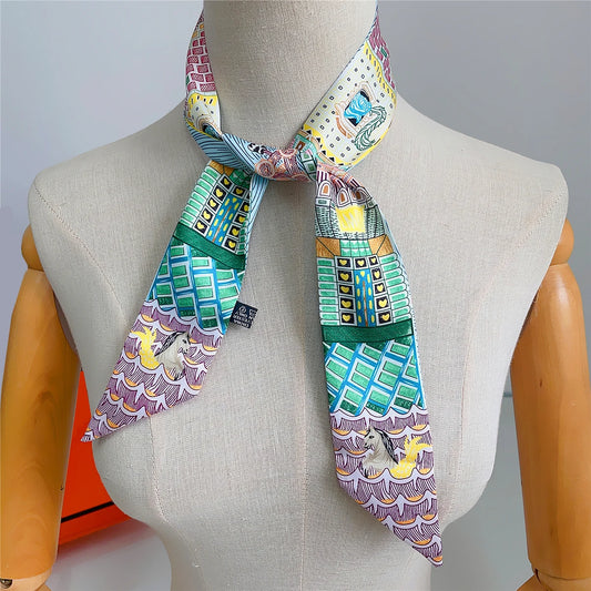 100% Silk Scarf for Women, 90×5cm Skinny Hair and Bag Scarf