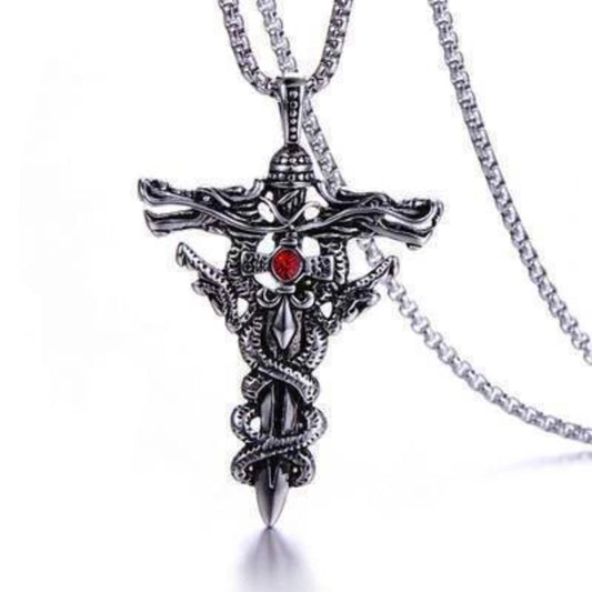 Men's Stainless Steel Necklace, Gothic Dragon Sword Pendant
