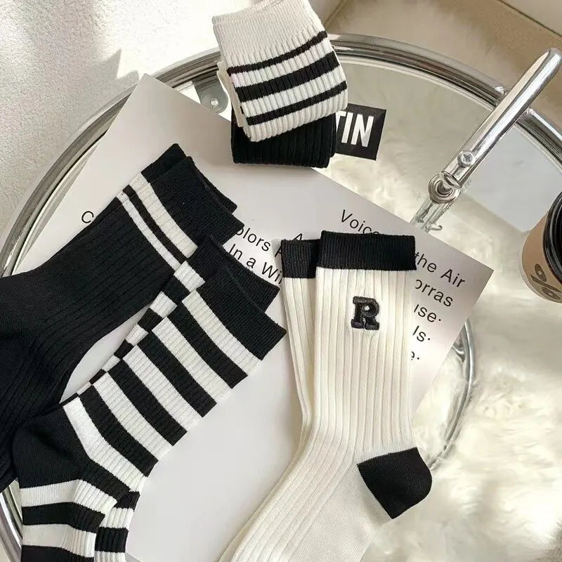 Women's Mid Calf Socks Striped Crew Socks 5-Pair Set