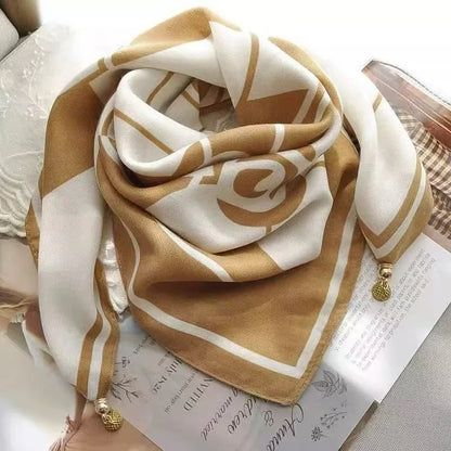 Silk Scarf for Women with Magnetic Buckle, Printed Square Design