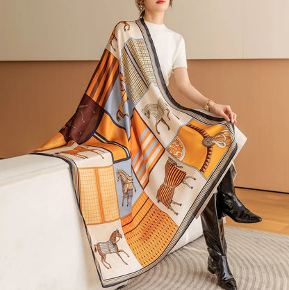Women's Square Scarf 110x110cm Silk Feel Horse Print Shawl