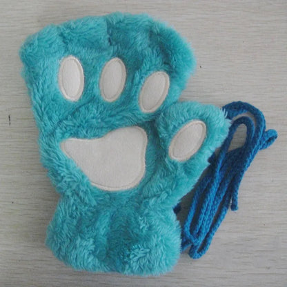 Fingerless Plush Gloves Warm Animal Paw Mittens for Adults