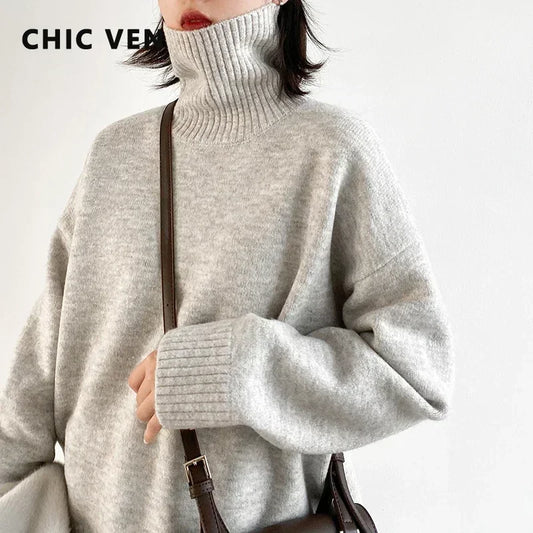 Women's Knit Sweater Loose Fit Turtleneck Winter Pullover