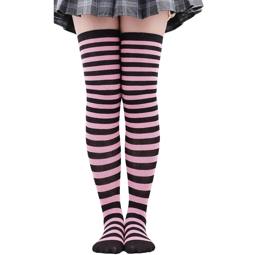 Women's Striped Thigh High Stockings – Black, White & Pink