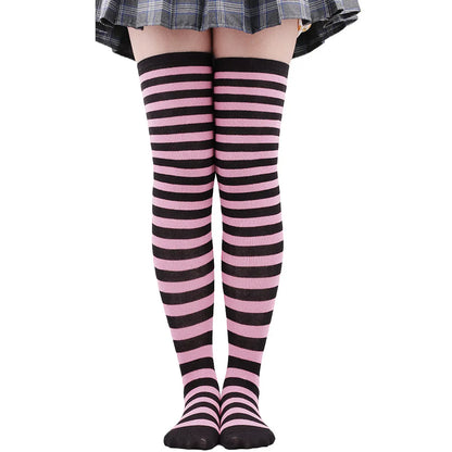 Women's Striped Thigh High Stockings – Black, White & Pink