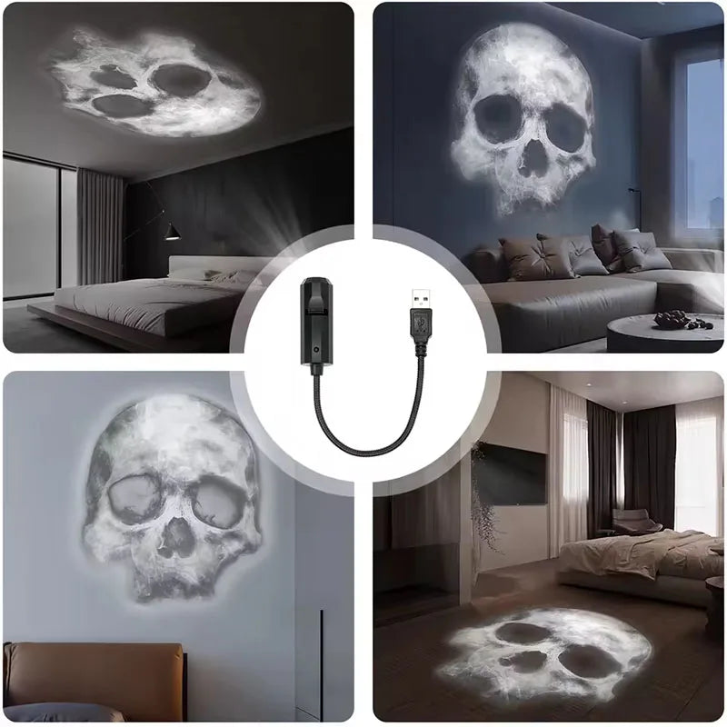 Halloween Projector Light USB 3-Mode Rotating LED Skull Lamp