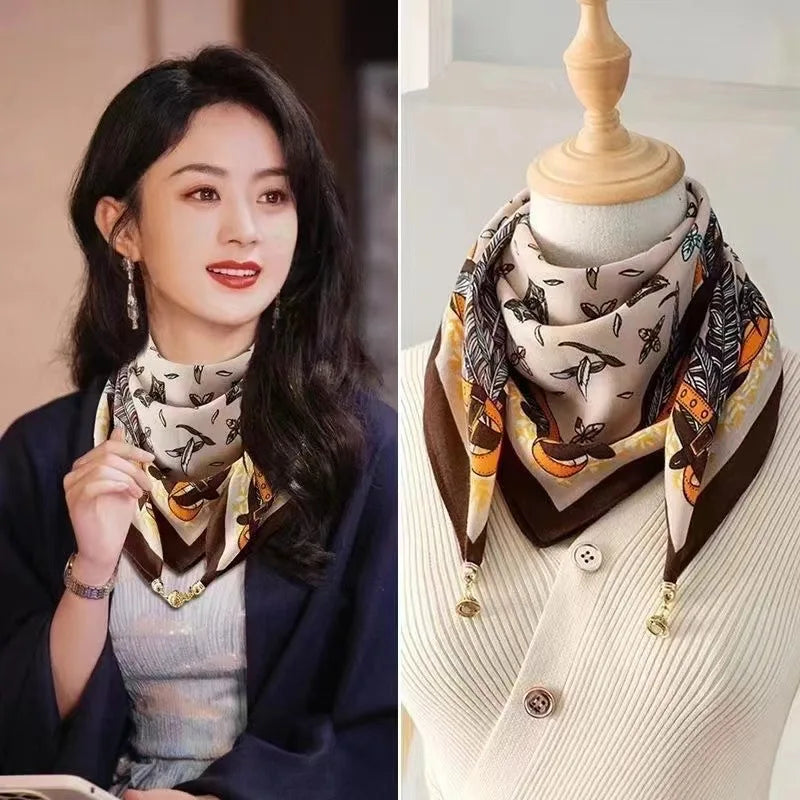 Silk Scarf for Women with Magnetic Buckle, Printed Square Design