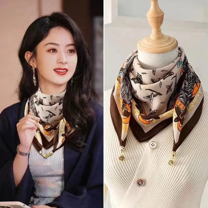 Silk Scarf for Women with Magnetic Buckle, Printed Square Design