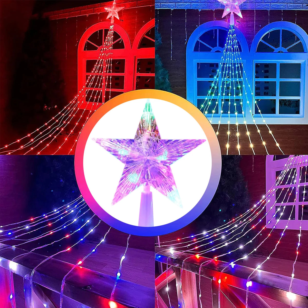 Christmas Star String Lights, Solar Waterfall LED Lights