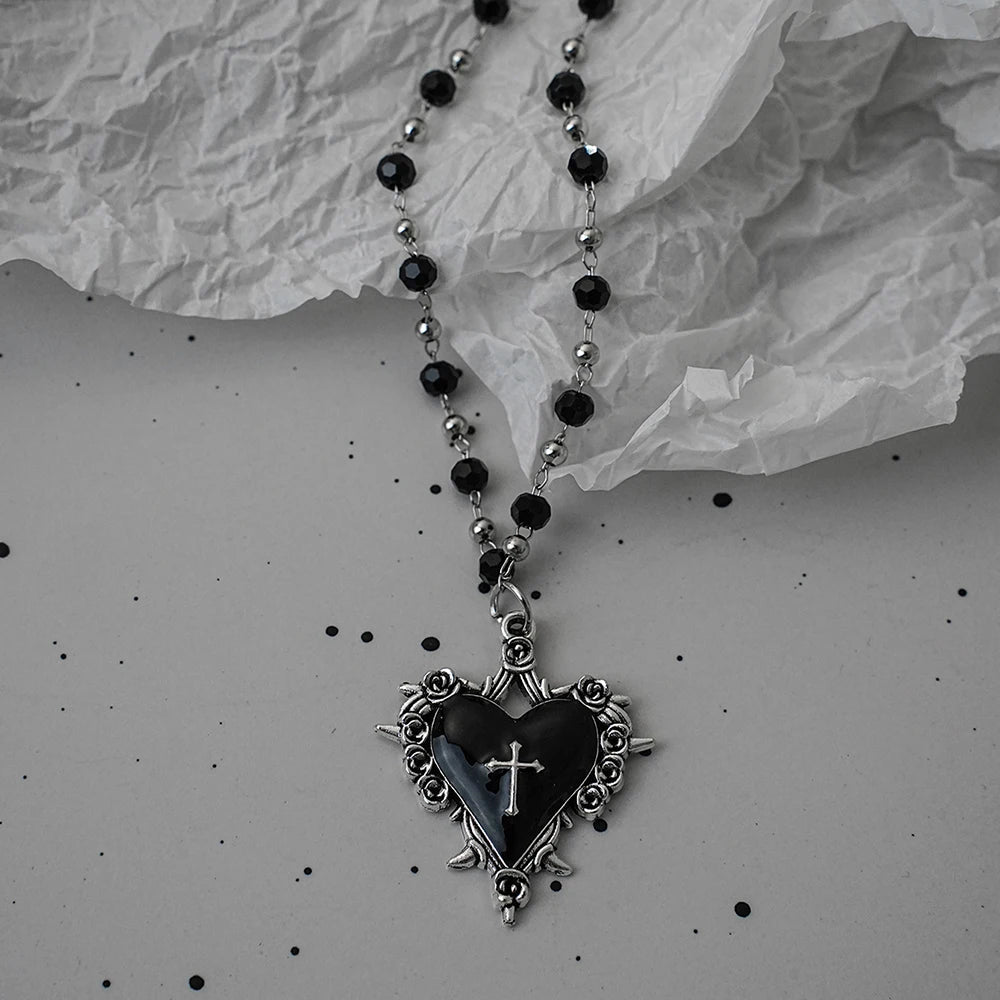 Gothic Pendant Necklace, Y2K Beaded Heart Design for Unisex Style