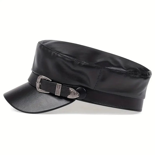 Women's Beret Hat – Black Faux Leather Sailor Style Cap
