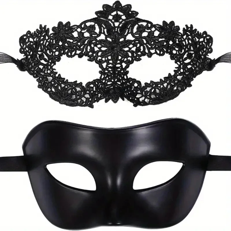Couples Masquerade Masks – Black Lace & Half-Face Set