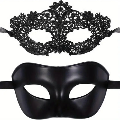 Couples Masquerade Masks – Black Lace & Half-Face Set