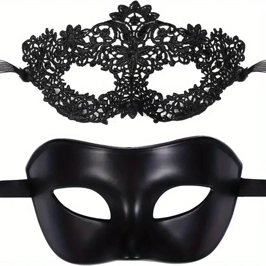 Couples Masquerade Masks – Black Lace & Half-Face Set