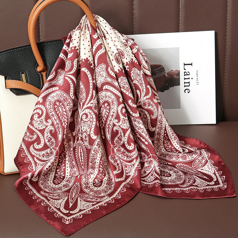 Silk Square Scarf 70x70cm Floral Satin Wrap for Women